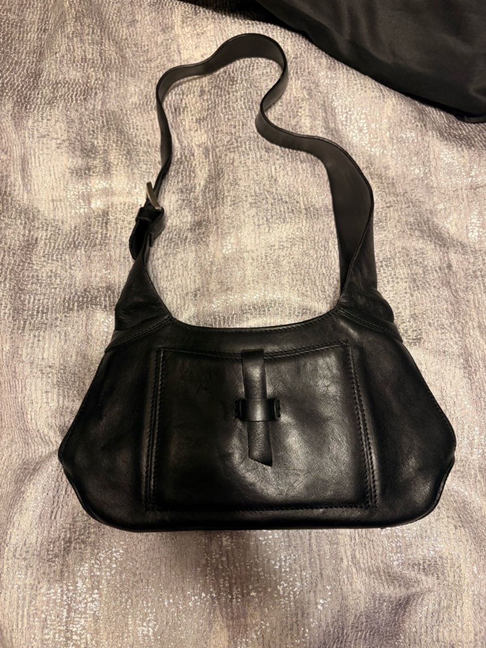 Jones New York Black Leather Shoulder Bag with Front Strap Detail